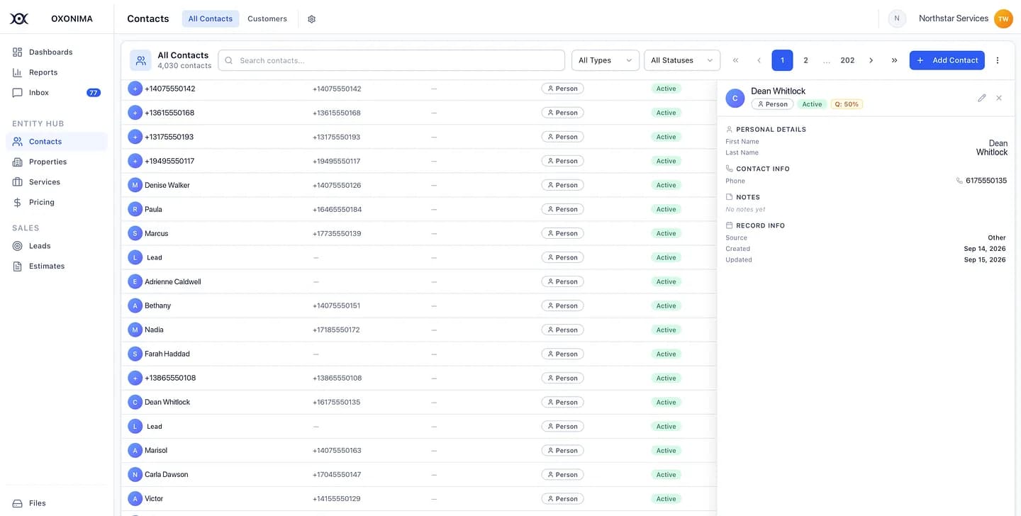 Contact list with a detail panel showing personal details, contact info and a data-quality score