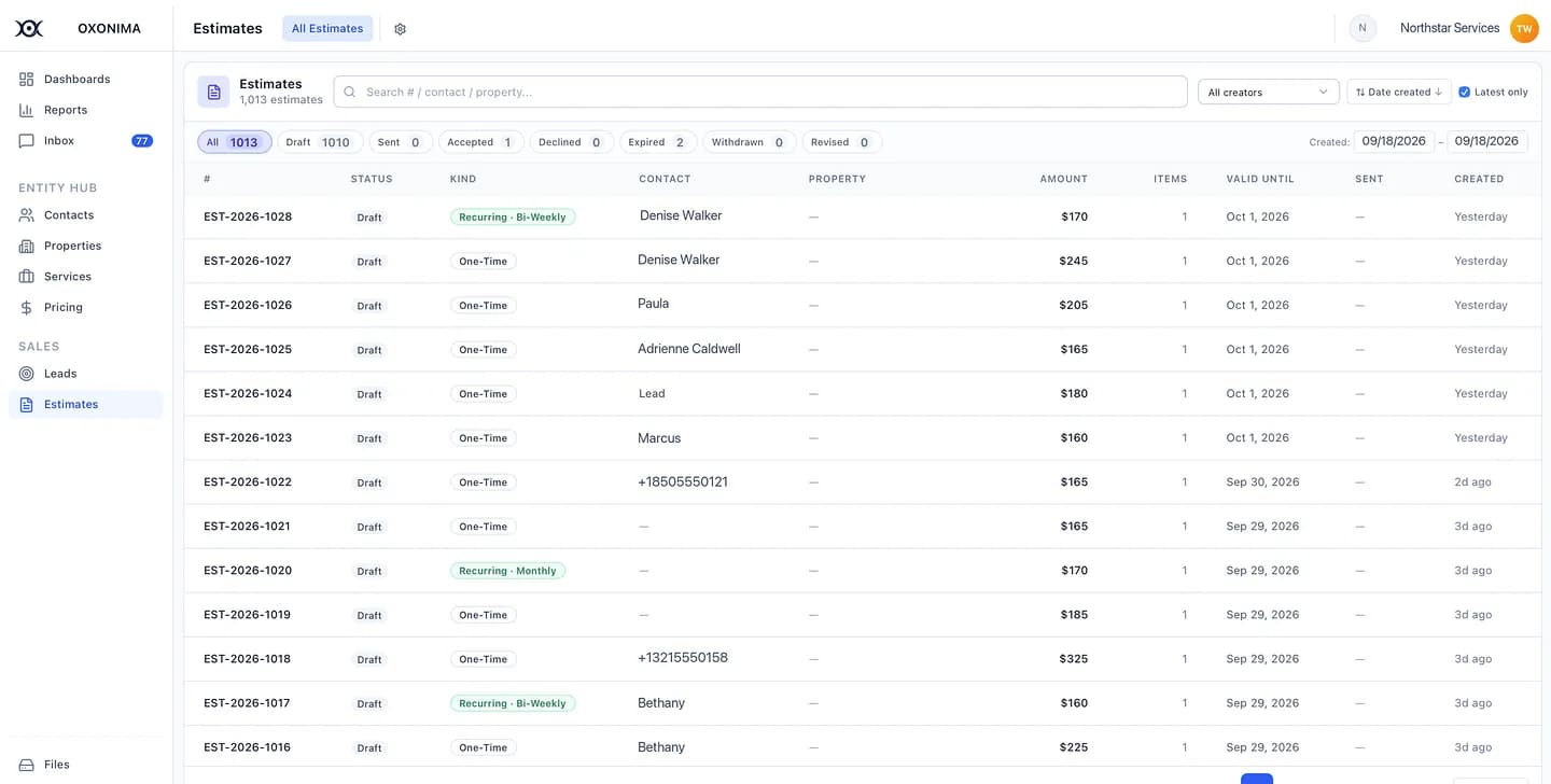 Estimate list with status, one-time and recurring kinds, contact, amount and validity dates