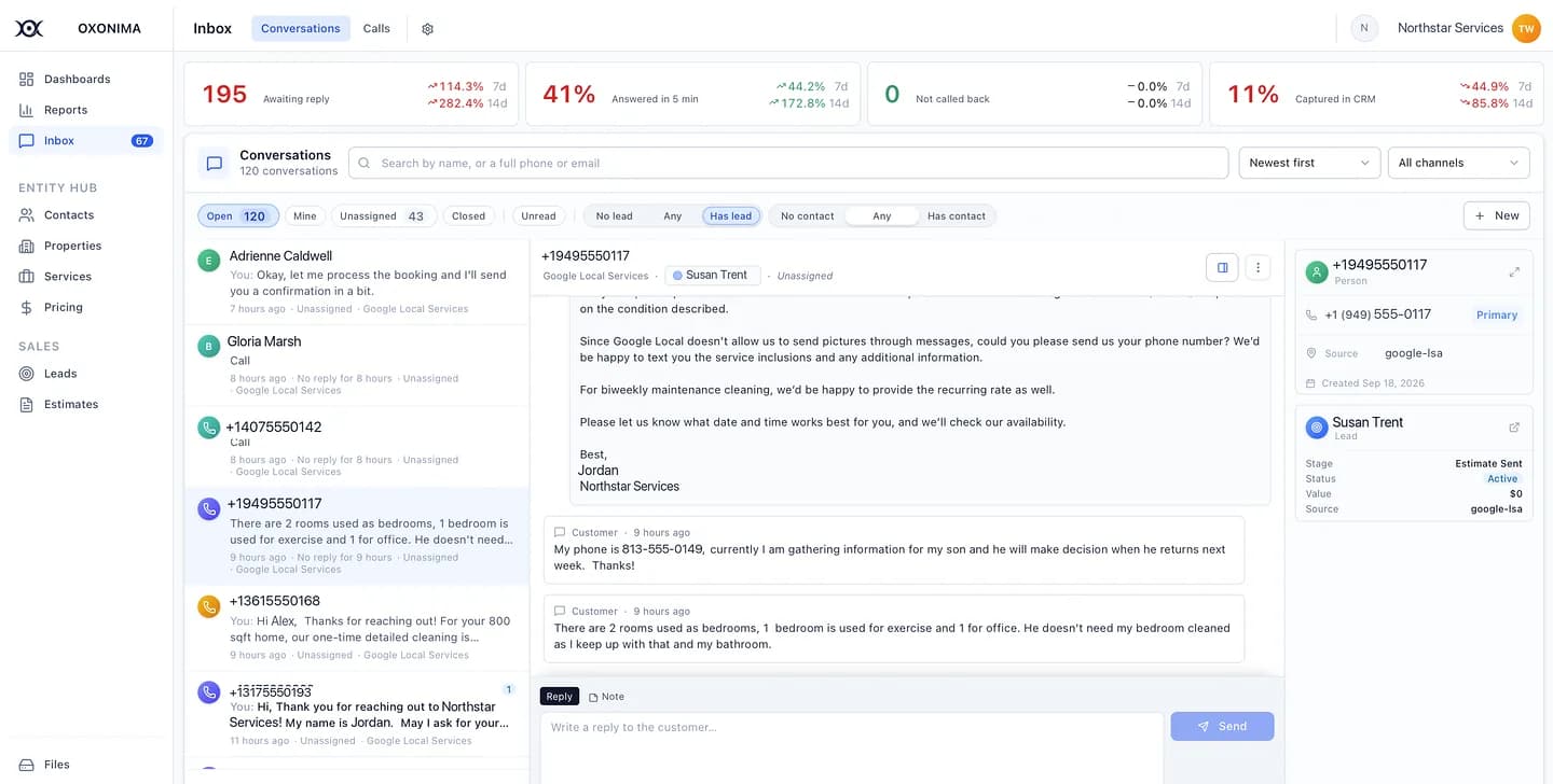 Shared inbox with conversations from every channel, response-time metrics and the linked lead