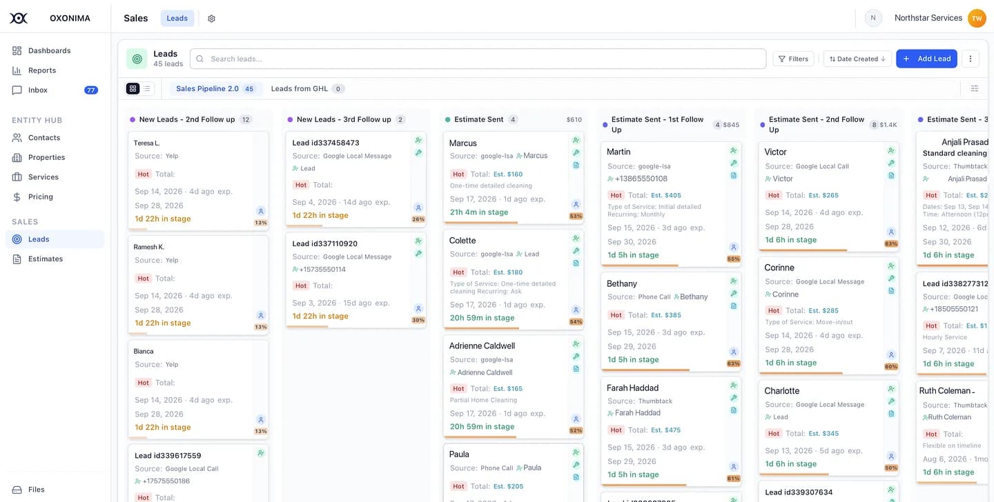 Lead pipeline kanban board with stage ageing, lead source, estimate totals and quality scores