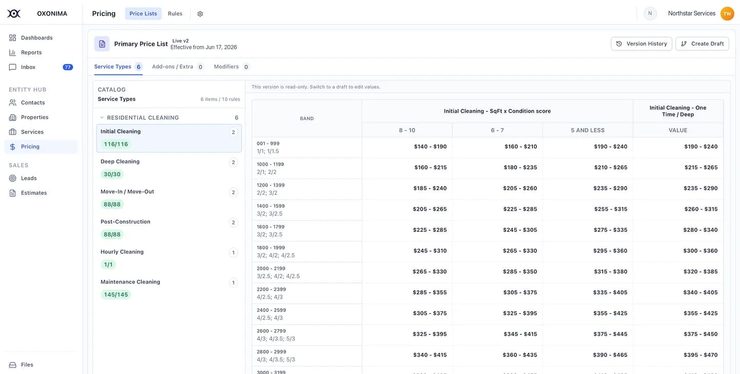 Versioned price list with rates banded by square footage and property condition score