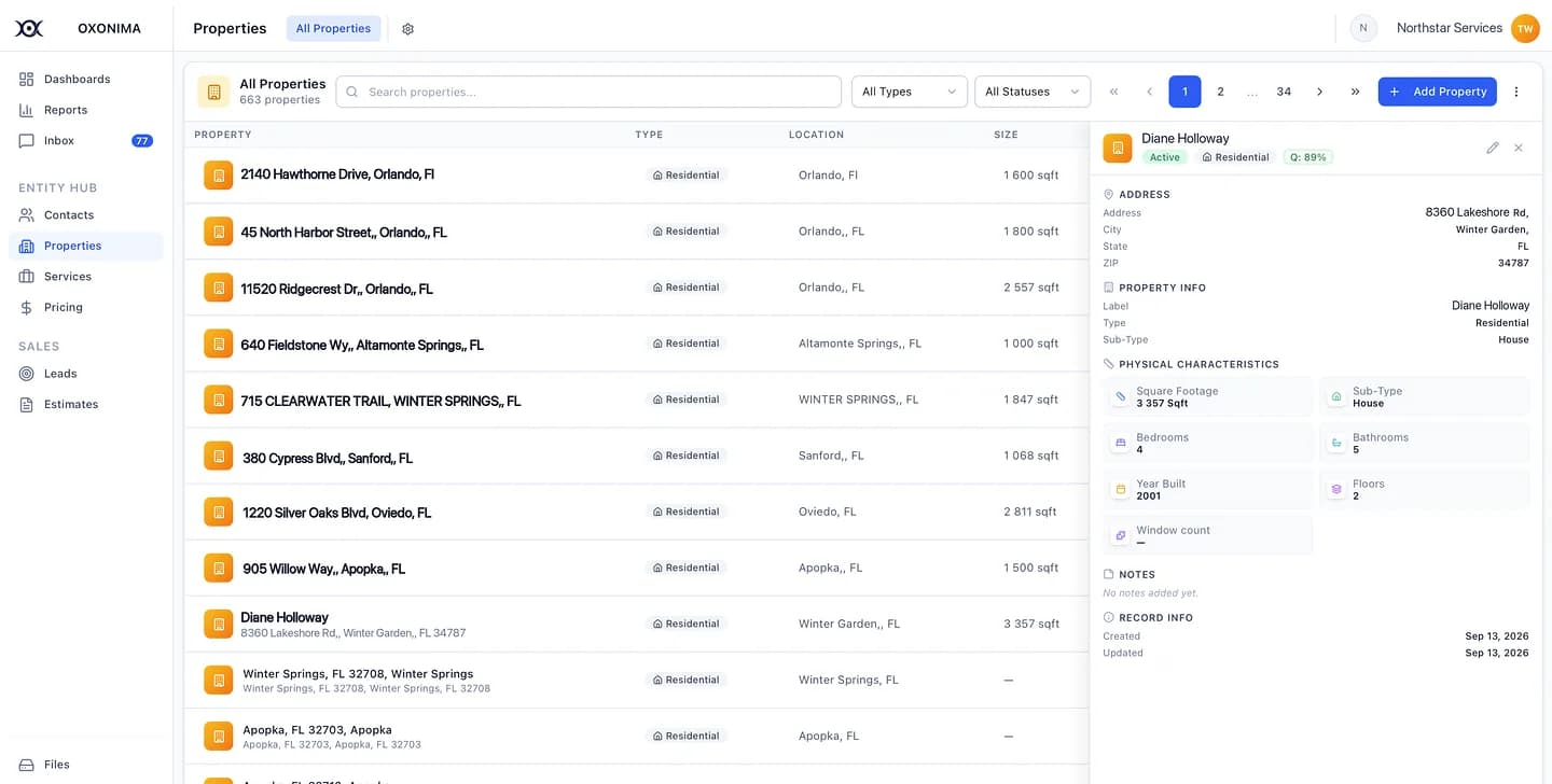 Property list with a detail panel showing address, square footage and physical characteristics