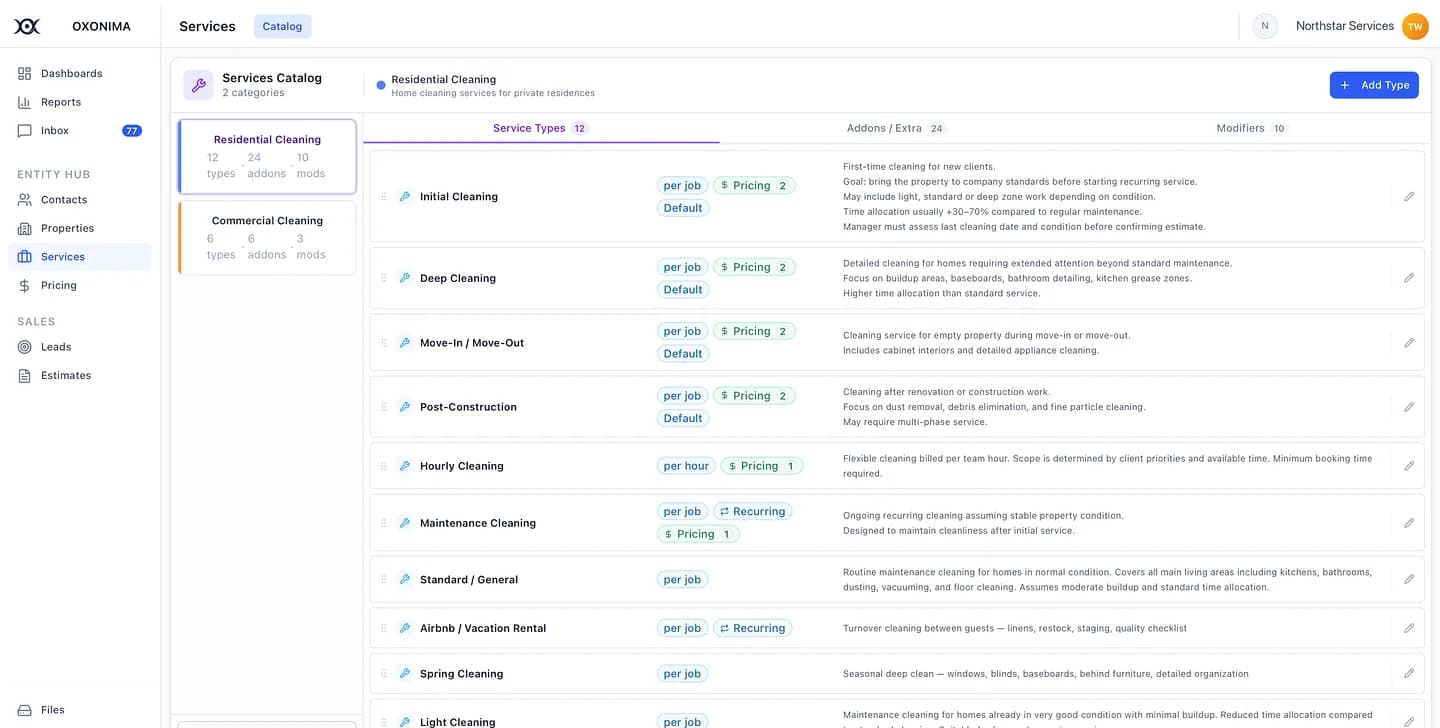 Services catalog with service types, add-ons and modifiers grouped by category