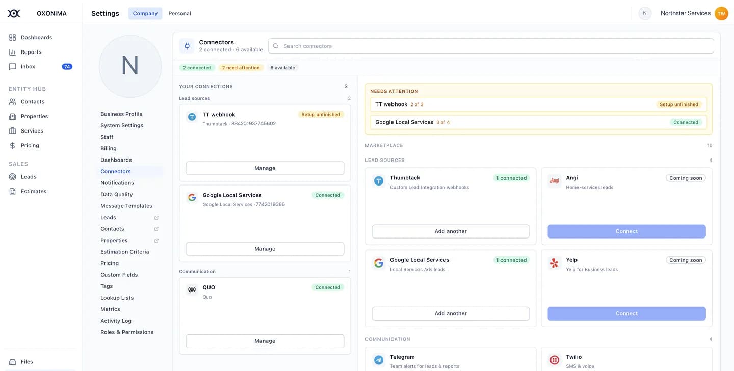 Connectors settings flagging integrations whose setup is unfinished and needs attention