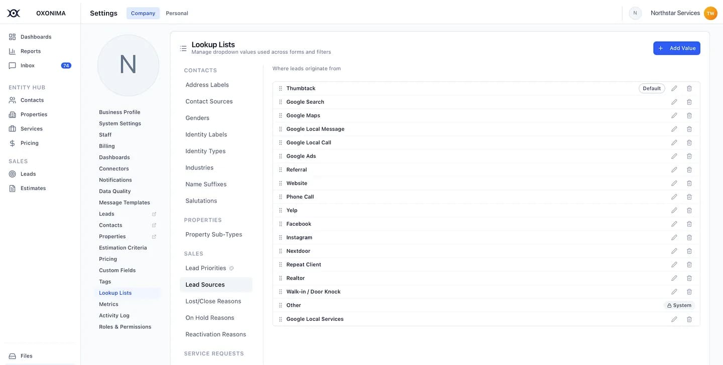 Lookup list settings for the dropdown values used across forms and filters